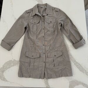 Vintage Chicos Linen Blend Military Style Jacket Womens Size 0 Small Taupe Brown